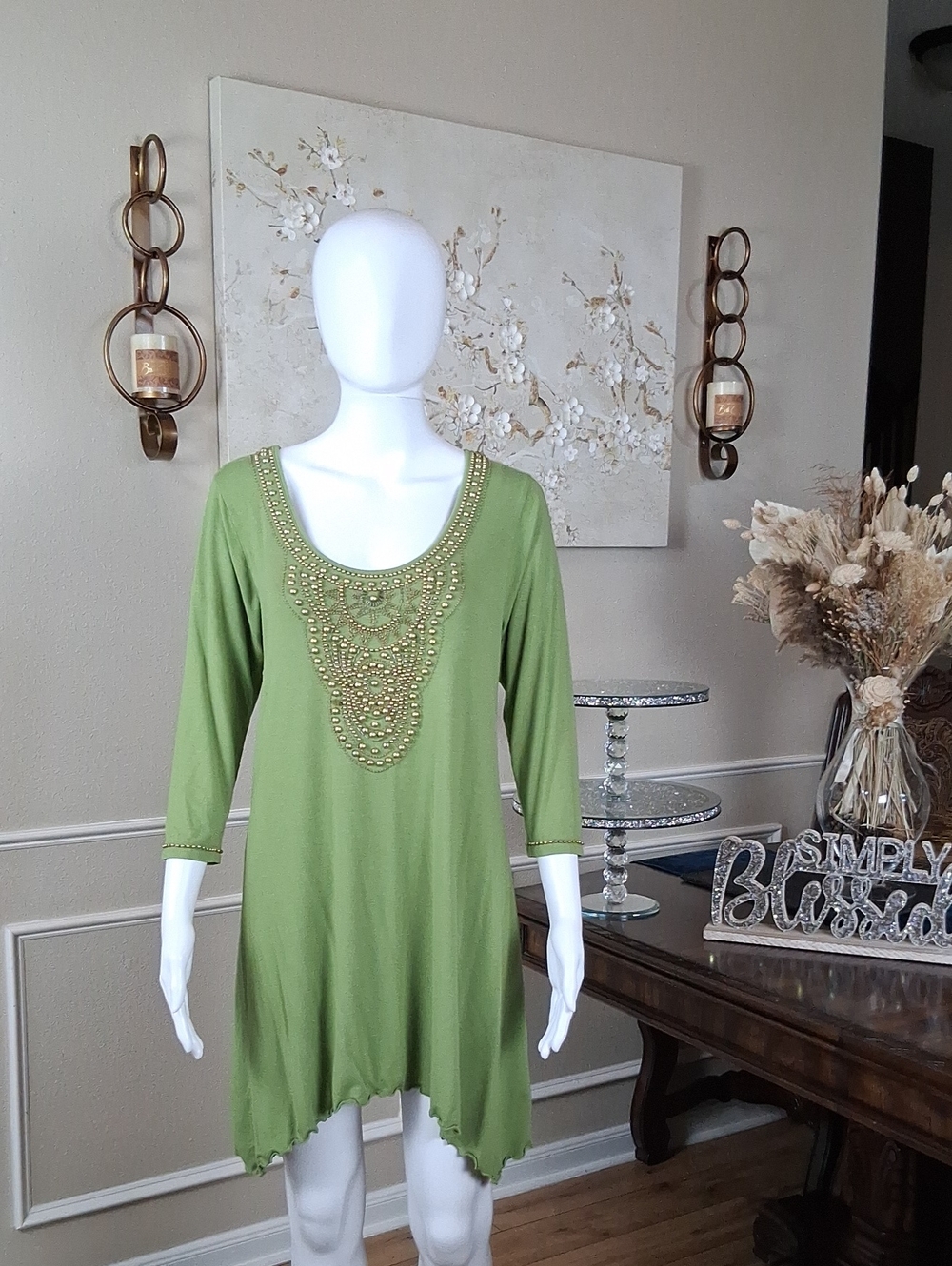 Women's Embellished Beaded Scoop Neck Tunic Summer Dress Olive Green Gold Medium - Picture 4 of 16